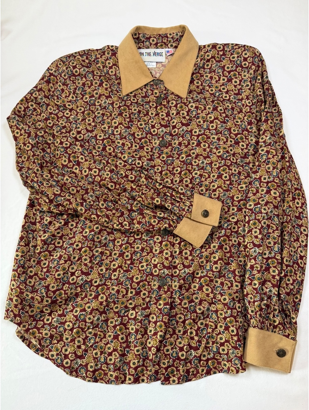 Vintage On The Verge Floral Shirt Women’s L Made USA Shoulder Pads 80s 90s